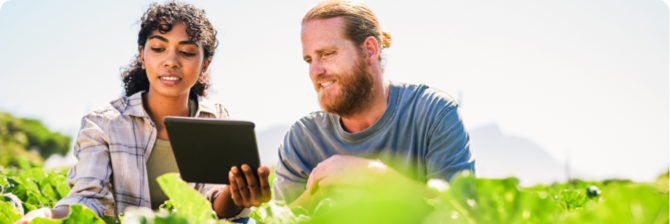 Photo of a man and woman looking at a tablet around some plants 
