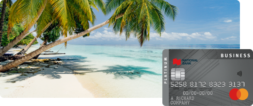 Photo of a beach and palm trees with the Platinum Business Mastercard superimposed over it