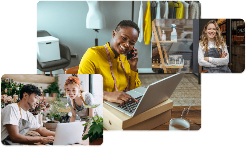Collage of three photos of entrepreneurs working at their offices