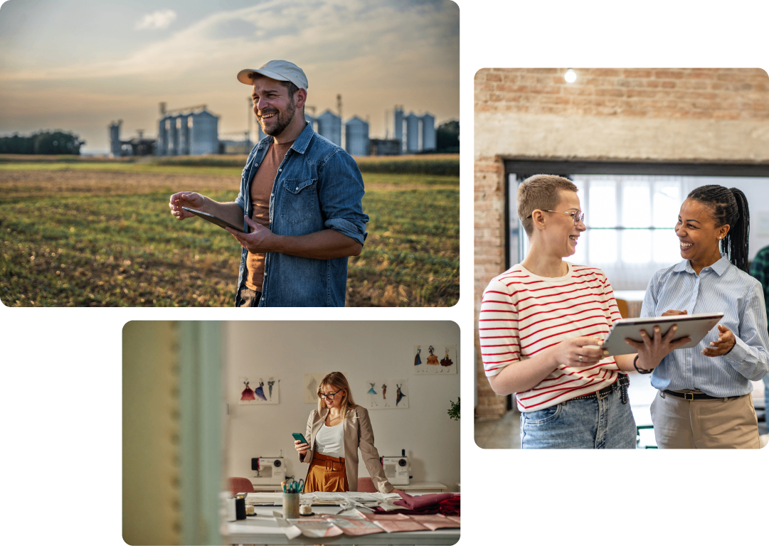 Collage of three photos. One of a farmer, one of a woman in an office, and another of a consultant working on a tablet 