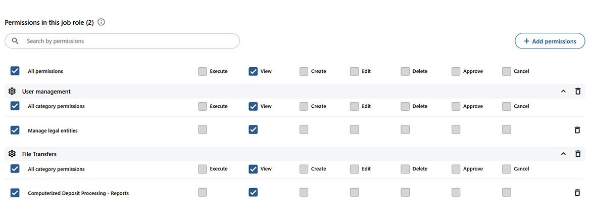 Screenshot showing available rights and permissions