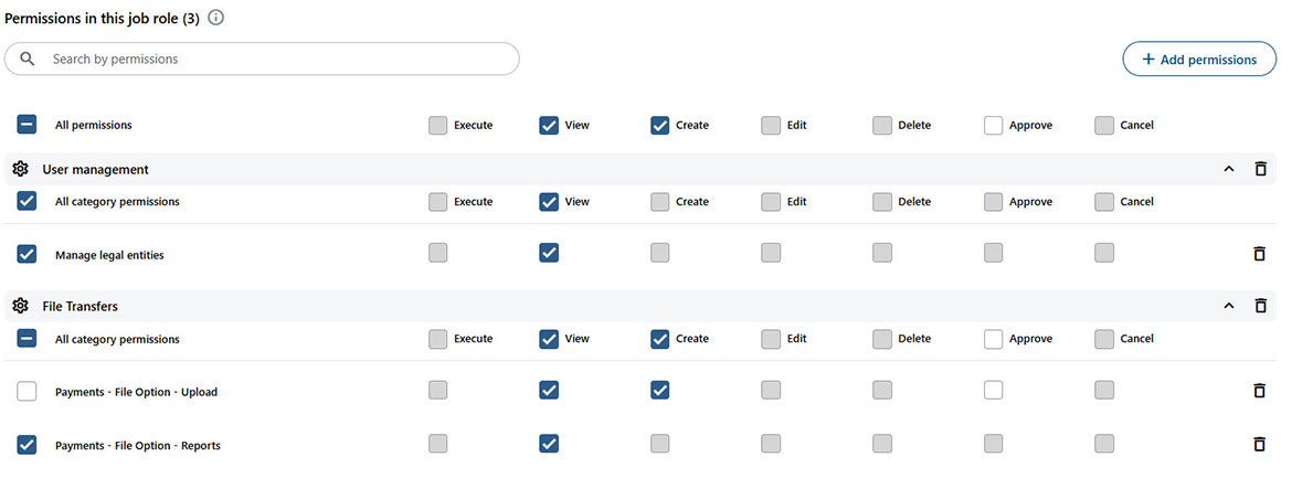 Screenshot showing available rights and permissions