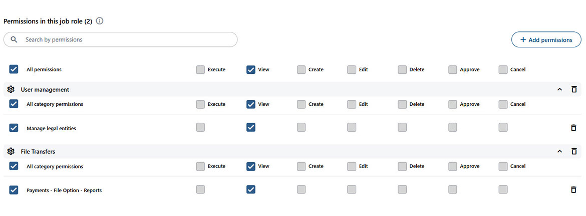 Screenshot showing available rights and permissions