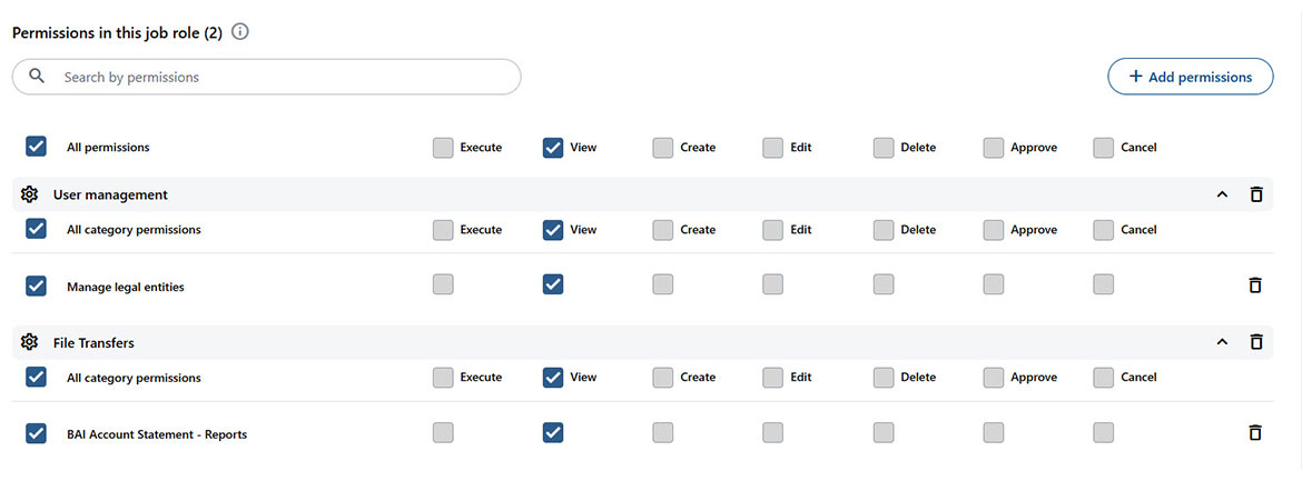 Screenshot showing available rights and permissions
