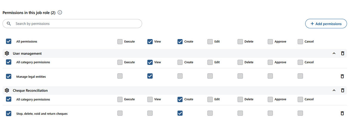 Screenshot showing available rights and permissions