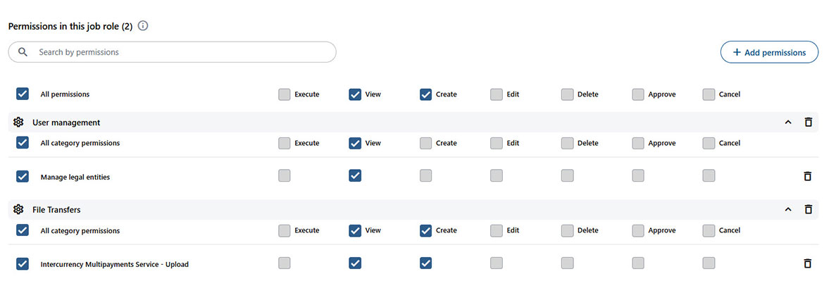 Screenshot showing available rights and permissions