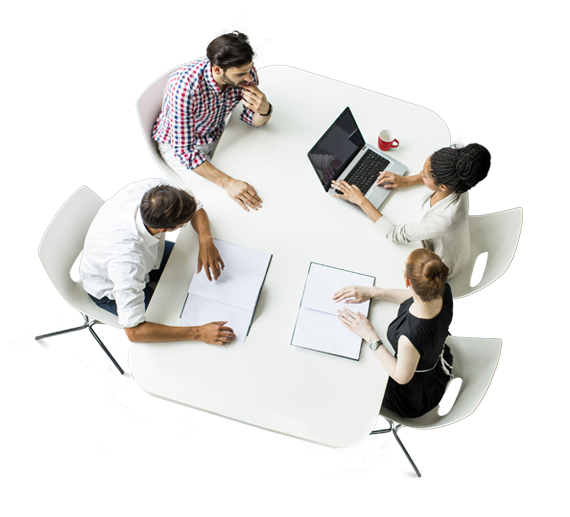 Four advisors working at a table