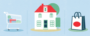 shopping cart, house, grocery bag