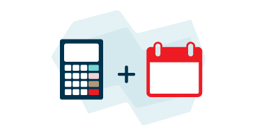 Illustration of calculator and calendar joined by a plus symbol 