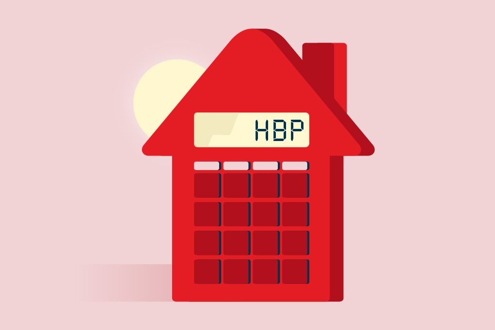 Drawing of a house-shaped calculator with the word HBP on the screen