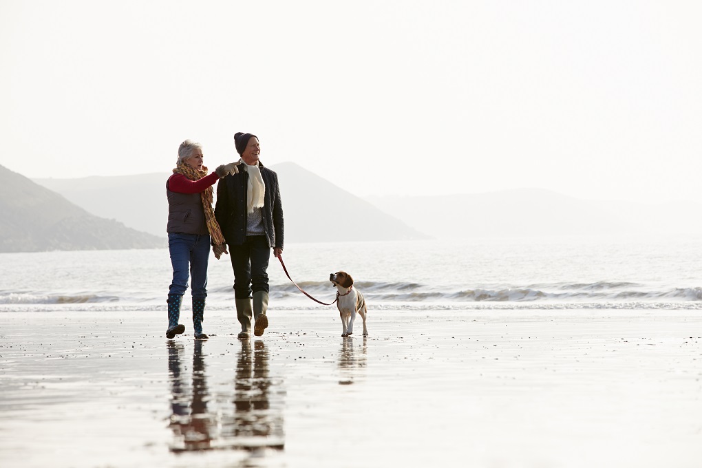 retired couple walking on a beach