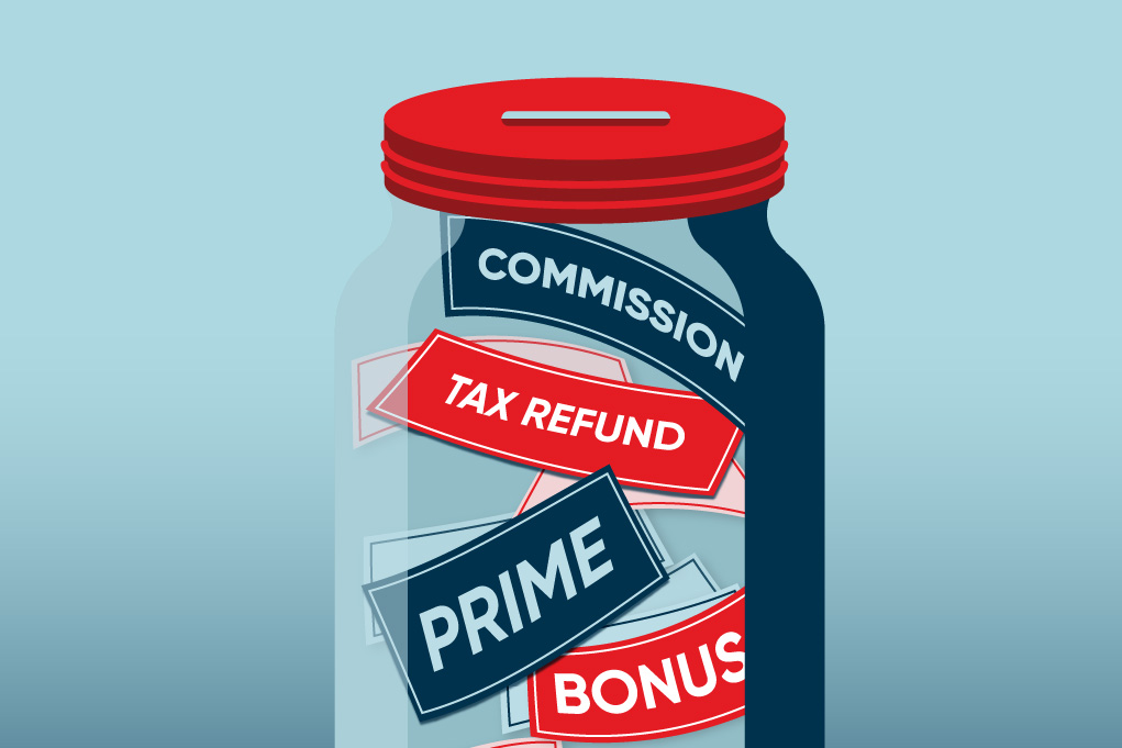 Illustration of a bank jar containing pieces of paper with the words commission, tax refund, prime and bonus written on them.