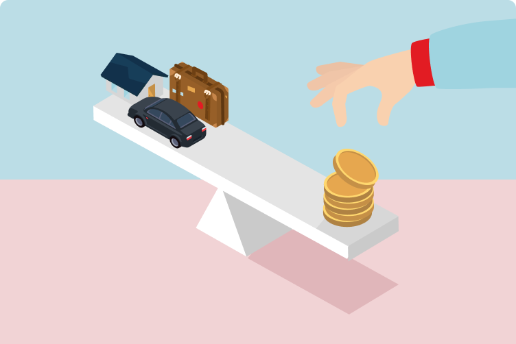 Illustration of a scale with a car, suitcase, and house on one side, and some coins on the other