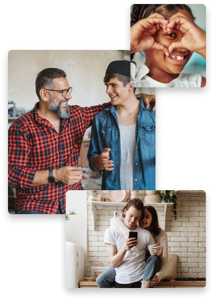 Collage of three photos, one of a child making a heart with their hands, one of a parent and a child smiling, and one of a couple smiling and looking at a mobile phone 