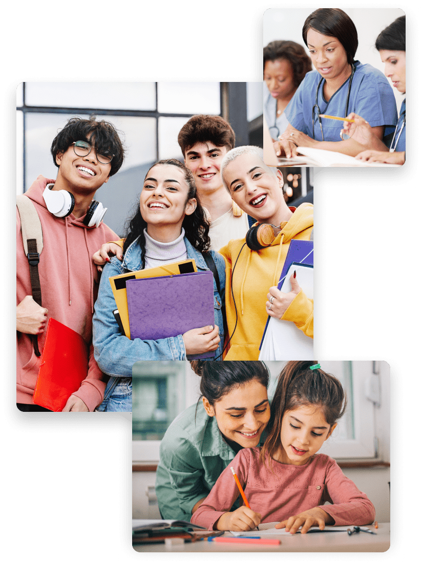 Collection of photos showing students and a mother helping her daughter with her homework