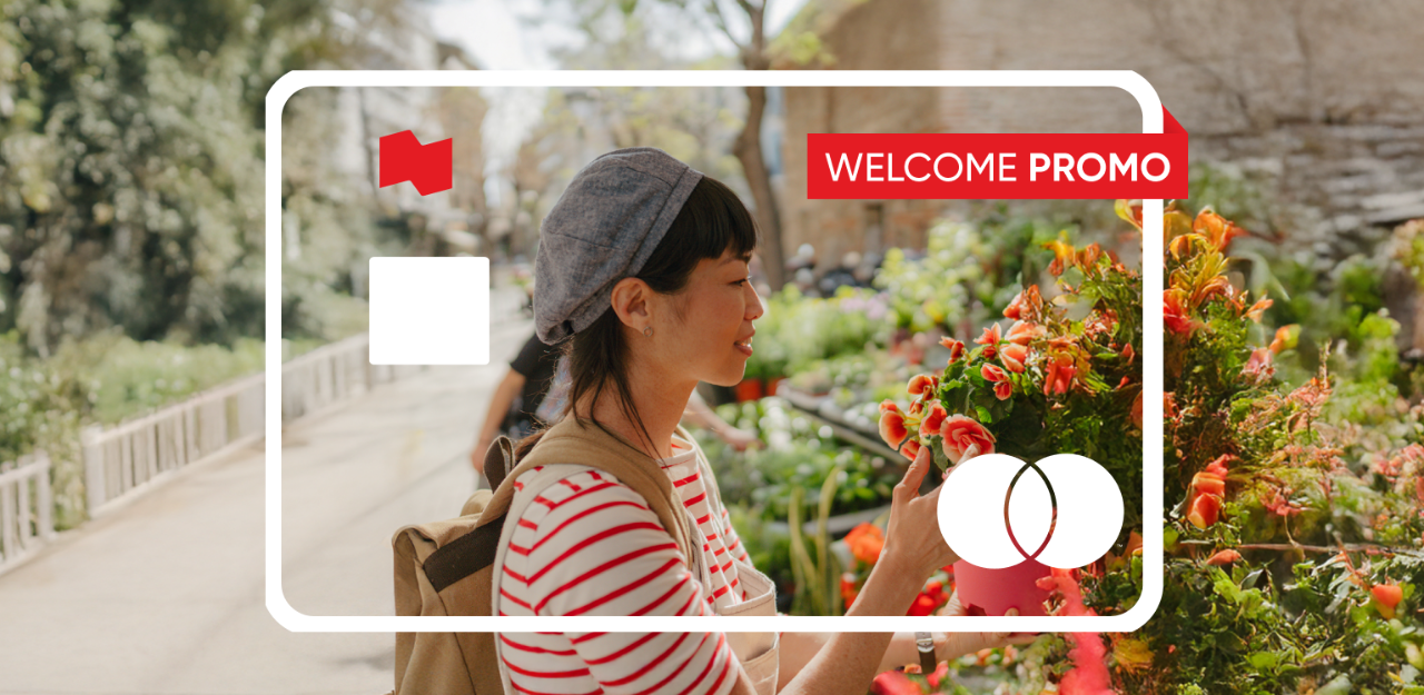 Illustration of a credit with a promo banner and a photo of a person smiling in front of flowers