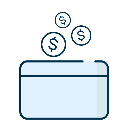 Picto of a debit card with three coins flying away from it