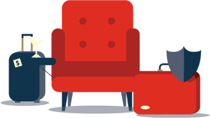 Illustration of a sofa, two suitcases, a shield and a martini glass 
