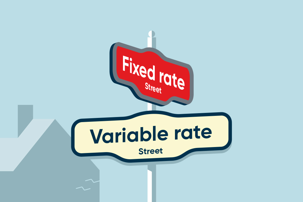 Illustration of two street signs with fixed rate and variable rate written on them