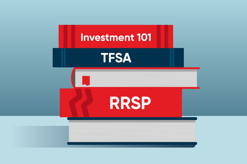 Illustration of a stack of books with titles like Investment 101, TFSA and RRSP