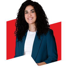 Photo of a person smiling with the National Bank logo in the background 