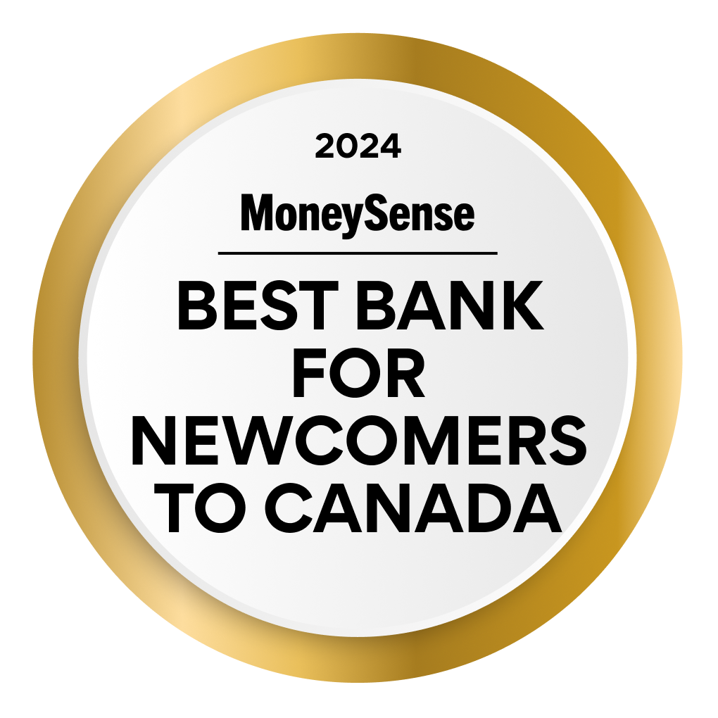 Picture of the MoneySense badge for the best bank for newcomers to Canada