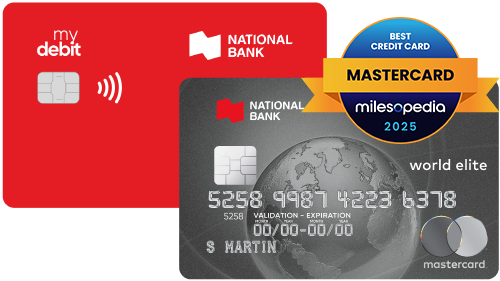 Photo of a National Bank debit card and the World Elite Mastercard credit card with a promo banner 