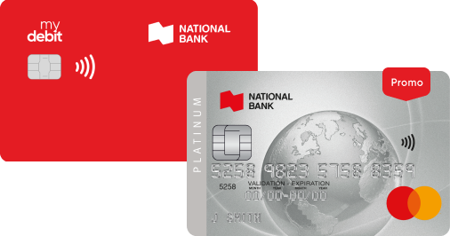 Photo of a National Bank debit card and the Platine Mastercard credit card