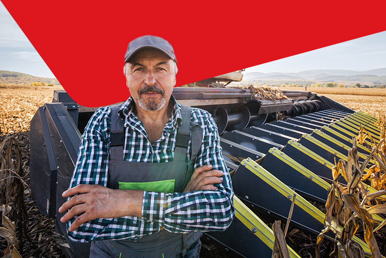 Photo of a person’s side profile with a picto of a tractor 