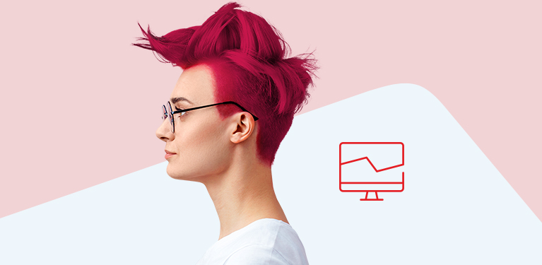 Photo of a person’s profile with the National Bank logo in the background and a picto of a monitor 