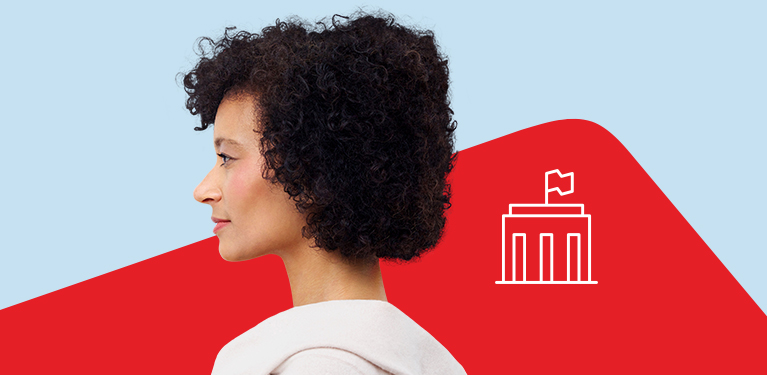 Photo of a person’s side profile with the National Bank logo in the background