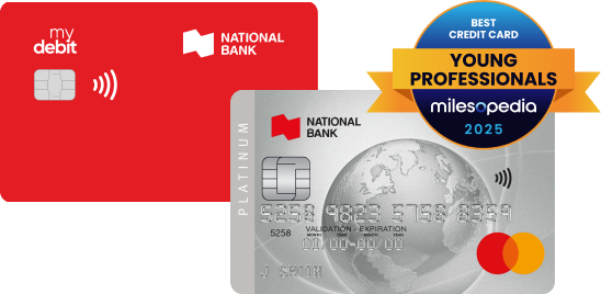 Photo of a National Bank debit card and the Platine Mastercard credit card