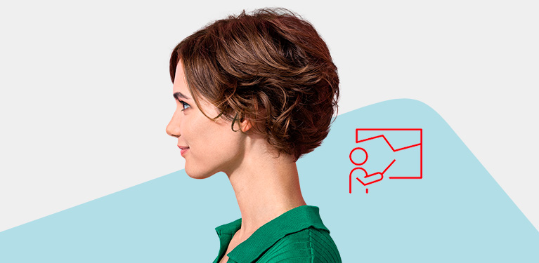 Photo of a person’s profile in front of the National Bank logo with a picto of someone giving a lecture 